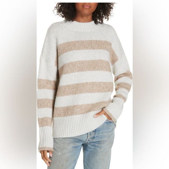 LA LIGNE Marin Striped Knitted Sweater In Cream & Tan Stripes - L - NEW!